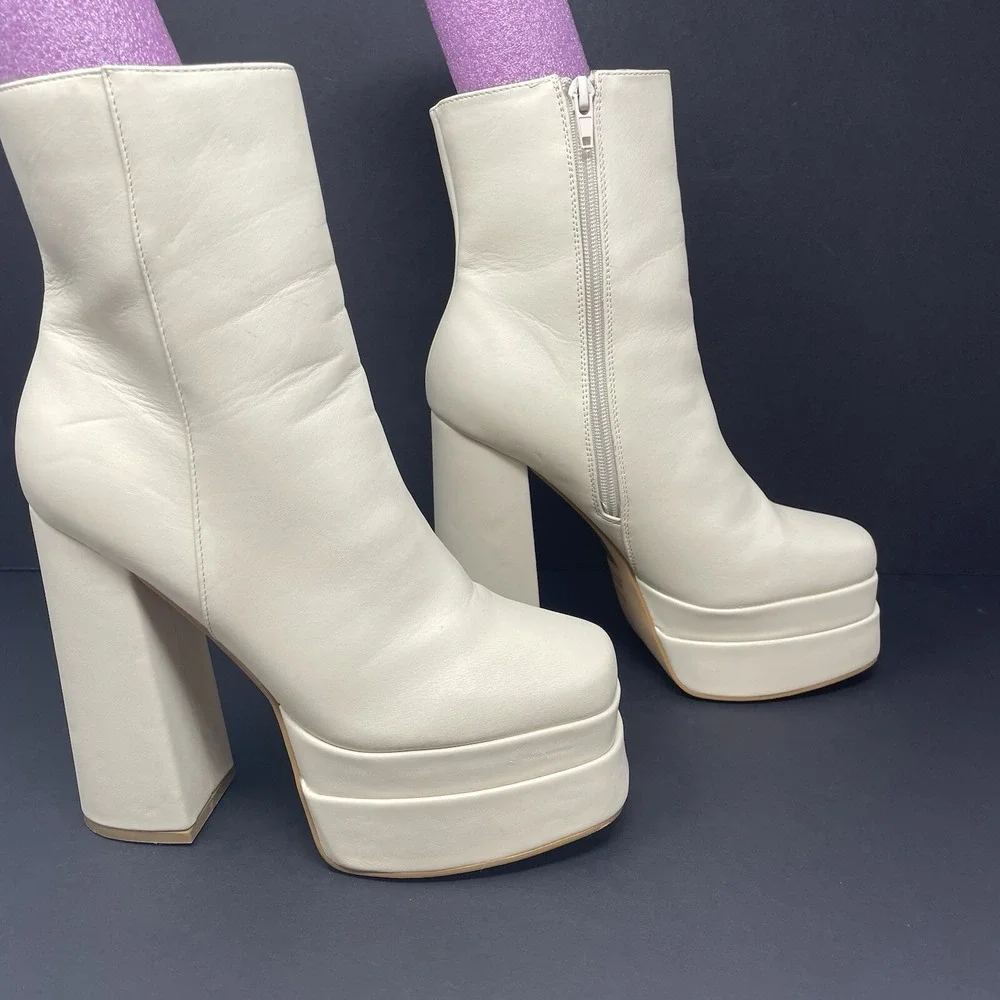 Womens Boots Double Stacked Platform Chunky Ecru Drag Cosplay Hippie‎ Go Go Sz 7